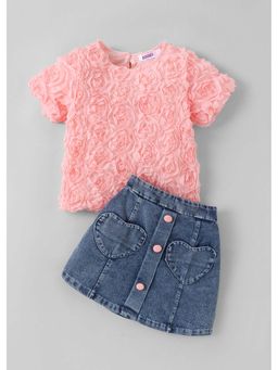 Hopscotch - Pink Textured Polyester Top and Skirt