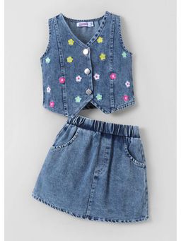 Hopscotch - Blue Embroidered Blended Top and Skirt