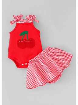 Hopscotch - Red Checks Viscose Blend Onesie and Skort