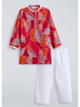 Hopscotch - Red Floral Cotton Kurta and Pyjama