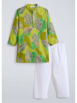 Hopscotch - Green Floral Cotton Kurta and Pyjama