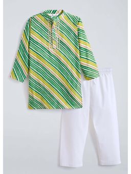 Hopscotch - Green Stripes Cotton Kurta and Pyjama