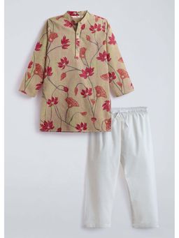 Hopscotch - Beige Floral Cotton Kurta and Pyjama