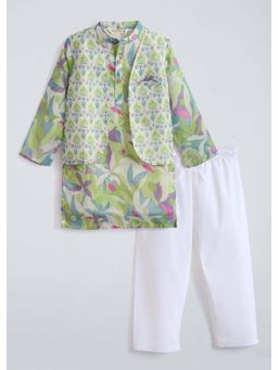 Hopscotch - Green Ethnic Cotton Kurta with Nehru Jacket and Pyjama
