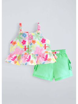Hopscotch - Green Floral Polyester Blend Top and Shorts