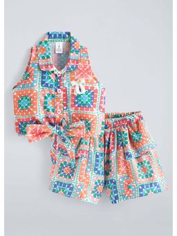 Hopscotch - Multi-Color Printed Polyester Blend Top and Skirt