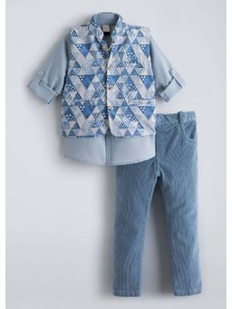 Hopscotch - Blue Printed Blended Shirt with Waistcoat and Pant