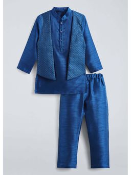 Hopscotch - Blue Embroidered Polyester Blend Kurta and Pyjama