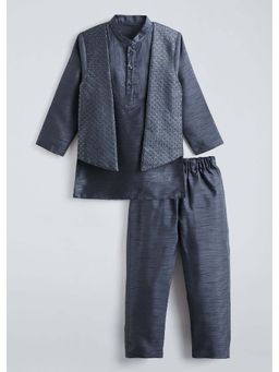 Hopscotch - Grey Embroidered Blended Kurta and Pyjama