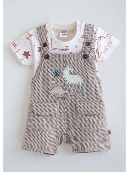 Hopscotch - Brown Printed Cotton T-shirt and Dungaree