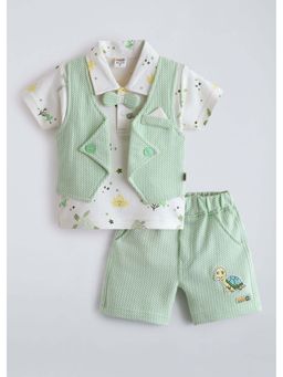 Hopscotch - Green Printed Cotton Polo T-shirt with Waistcoat and Shorts
