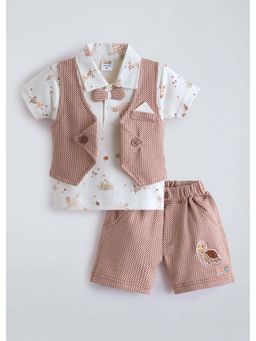Hopscotch - Red Printed Cotton Polo T-shirt with Waistcoat and Shorts