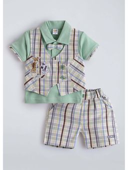 Hopscotch - Green Patterned Cotton Polo T-shirt with Waistcoat and Shorts