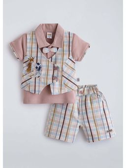 Hopscotch - Pink Patterned Cotton Polo T-shirt with Waistcoat and Shorts
