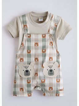 Hopscotch - Beige Printed Cotton T-shirt and Dungaree