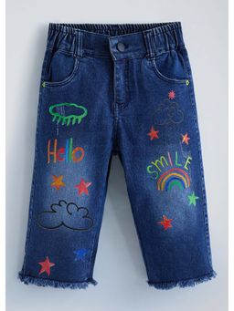 Hopscotch - Navy Blue Typography Cotton Blend Jeans