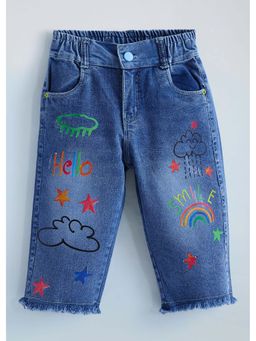 Hopscotch - Blue Typography Cotton Blend Jeans