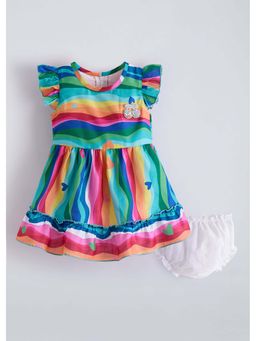 Hopscotch - Multi-Color Stripes Cotton Blend Dress and Bloomer