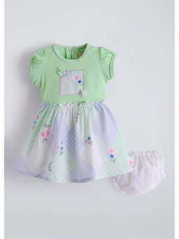 Hopscotch - Green Textured Cotton Blend Dress and Bloomer