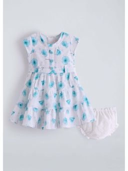Hopscotch - Blue Floral Cotton Blend Dress and Bloomer