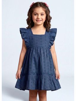 Hopscotch - Navy Blue Self Design Cotton Dress