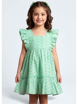 Hopscotch - Green Self Design Cotton Dress