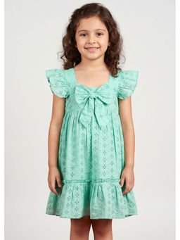 Hopscotch - Green Self Design Cotton Dress