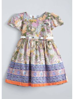 Hopscotch - Purple Floral Cotton Blend Dress with Belt