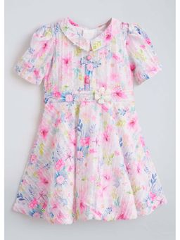 Hopscotch - Pink Floral Cotton Dress with Belt