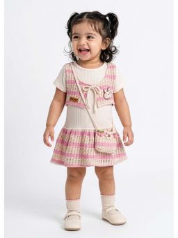 Hopscotch - Pink Textured Cotton Dress with Bloomer and Bag