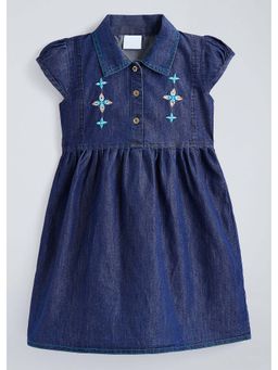 Hopscotch - Navy Blue Embroidered Cotton Blend Dress
