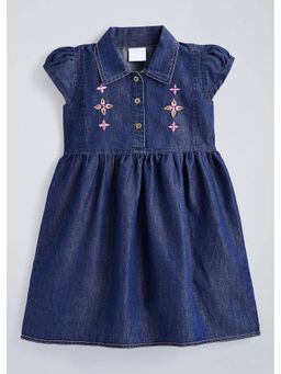 Hopscotch - Navy Blue Embroidered Cotton Blend Dress
