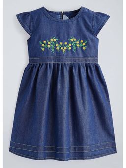 Hopscotch - Navy Blue Embroidered Cotton Blend Dress