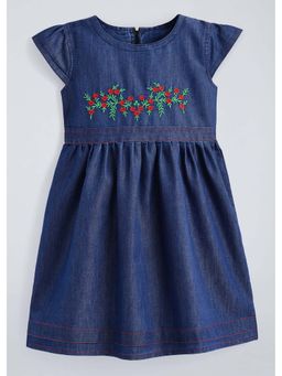 Hopscotch - Navy Blue Embroidered Cotton Blend Dress