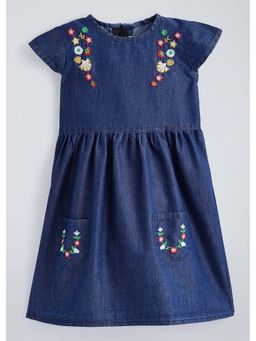 Hopscotch - Navy Blue Embroidered Cotton Blend Dress