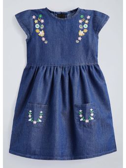 Hopscotch - Navy Blue Embroidered Cotton Blend Dress