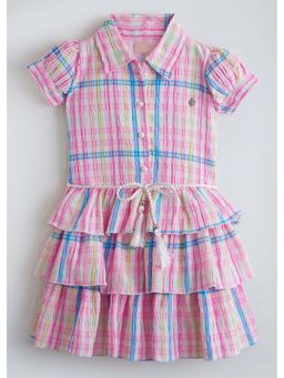 Hopscotch - Pink Printed Cotton Blend Dress with Belt