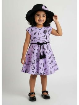 Hopscotch - Purple Printed Cotton Blend Dress and Cap