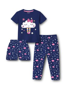 Trampoline - Navy Blue Printed Cotton Blend T-shirt with Shorts and Pyjama