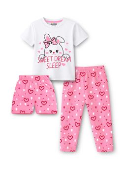 Trampoline - Pink Printed Cotton Blend T-shirt with Shorts and Pyjama