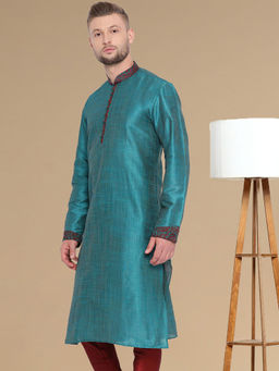 Sanwara - Men's Solid Firozi Woven Designer Jaquard Kurta