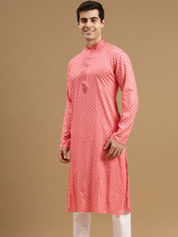 Sanwara - Men's Pink Printed Long Sleeve Cotton Elegant Kurta