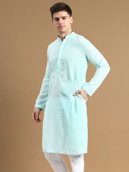 Sanwara - Men's Sea Green Thread Work Chikankari Indian Style Cotton Kurta