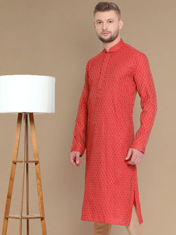 Sanwara - Men's Designer Woven Red Jacquard Kurta