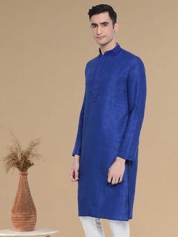 Sanwara - Mens Ink Blue-Coloured Solid Straight Kurta