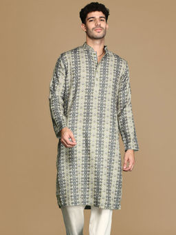 Sanwara - Dapper & Dazzling Men's Printed Green Sequins Touch Up Fusion Wear Cotton Kurta