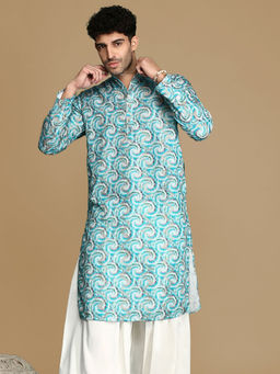 Sanwara - Dapper & Dazzling Men's Printed Sku Blue Golden Zari Touch Up Trendy Wear Kurta