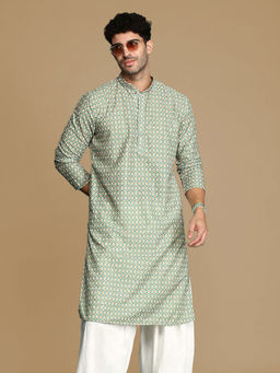 Sanwara - Dapper & Dazzling Men's Printed Green Sequins Touch Up Fusion Wear Cotton Kurta
