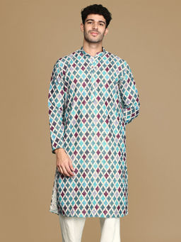 Sanwara - Dapper & Dazzling Men's Printed Firozi Sequins Touch Up Fusion Wear Cotton Kurta