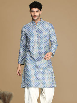 Sanwara - Dapper & Dazzling Men's Printed Sky Blue Sequins Touch Up Fusion Wear Kurta
